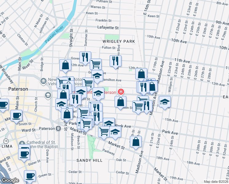map of restaurants, bars, coffee shops, grocery stores, and more near 288 Rosa Parks Boulevard in Paterson