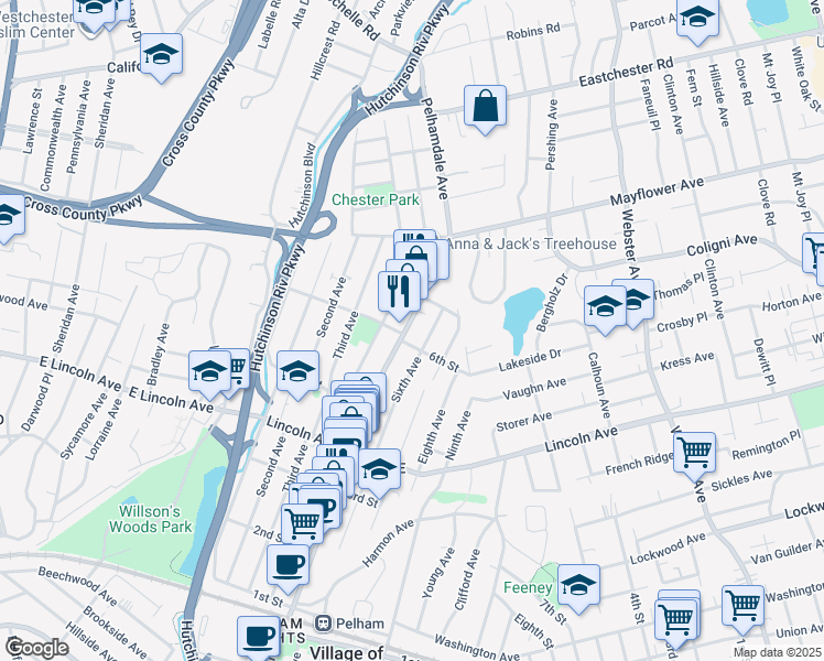 map of restaurants, bars, coffee shops, grocery stores, and more near 475 Fifth Avenue in Village of Pelham