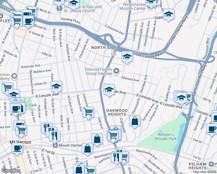 map of restaurants, bars, coffee shops, grocery stores, and more near 4 Park Lane in Mount Vernon
