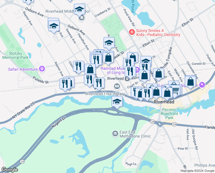 map of restaurants, bars, coffee shops, grocery stores, and more near 426-442 West Main Street in Riverhead