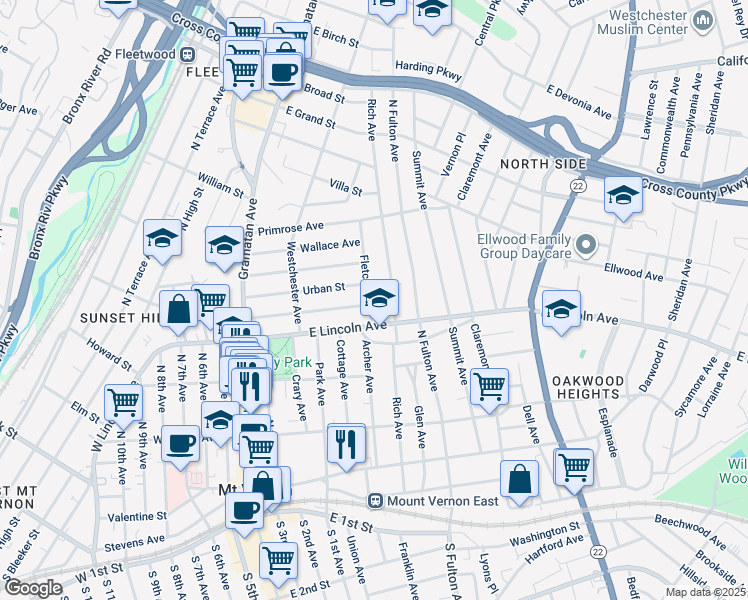 map of restaurants, bars, coffee shops, grocery stores, and more near 25 Fletcher Avenue in Mount Vernon