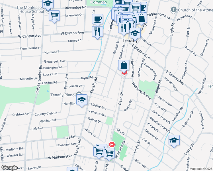 map of restaurants, bars, coffee shops, grocery stores, and more near 91 Franklin Street in Tenafly