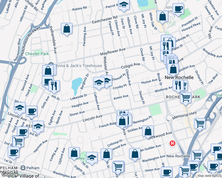 map of restaurants, bars, coffee shops, grocery stores, and more near 447 Webster Avenue in New Rochelle
