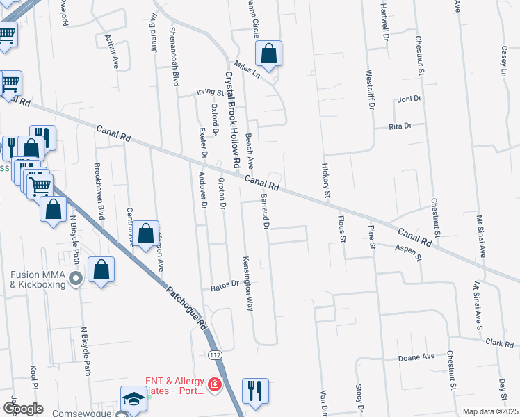 map of restaurants, bars, coffee shops, grocery stores, and more near 122 Barraud Drive in Port Jefferson Station