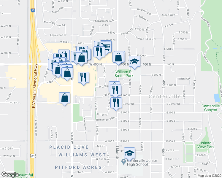 map of restaurants, bars, coffee shops, grocery stores, and more near 185 North 50 West in Centerville