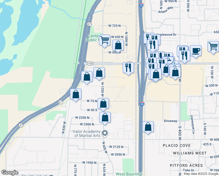 map of restaurants, bars, coffee shops, grocery stores, and more near 1205 West 200 North in Centerville