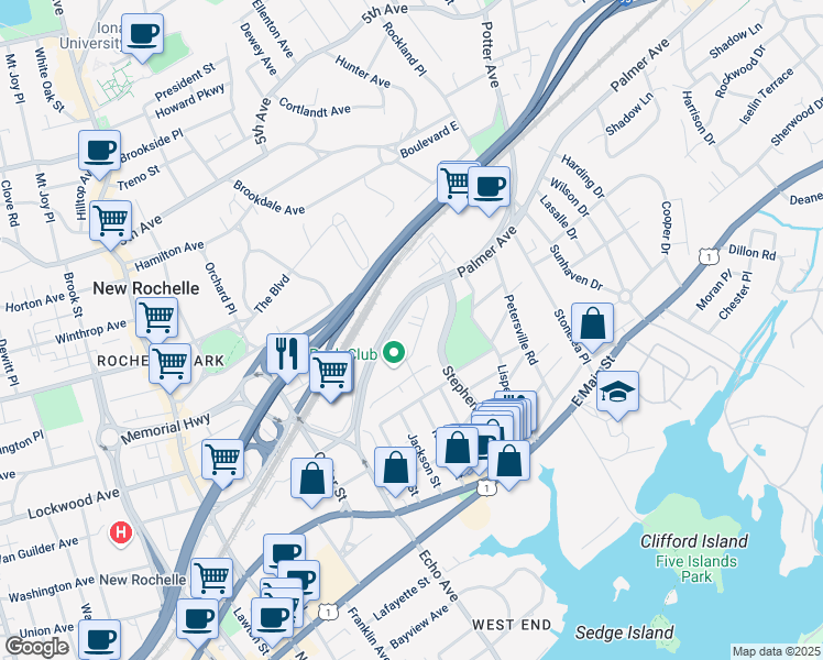 map of restaurants, bars, coffee shops, grocery stores, and more near 22 Acorn Terrace in New Rochelle