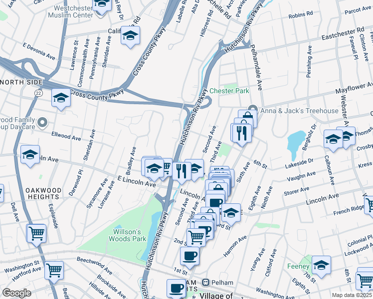 map of restaurants, bars, coffee shops, grocery stores, and more near 422 River Avenue in Village of Pelham