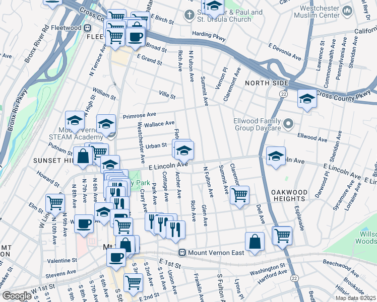 map of restaurants, bars, coffee shops, grocery stores, and more near 216 Rich Avenue in Mount Vernon