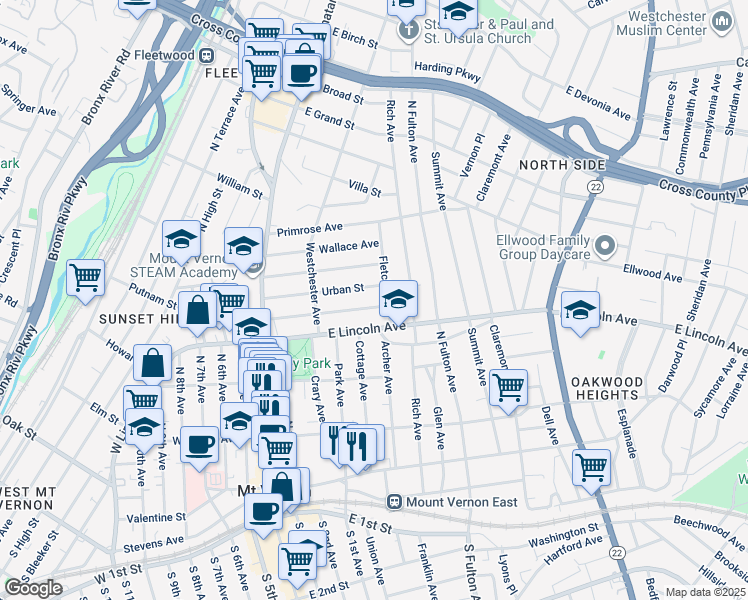 map of restaurants, bars, coffee shops, grocery stores, and more near 146 Chester Street in Mount Vernon