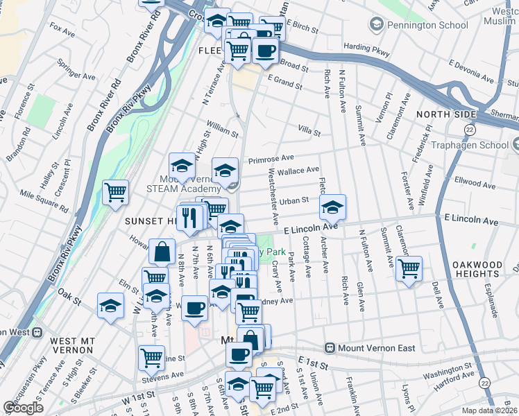 map of restaurants, bars, coffee shops, grocery stores, and more near 31 Chester Street in Mount Vernon