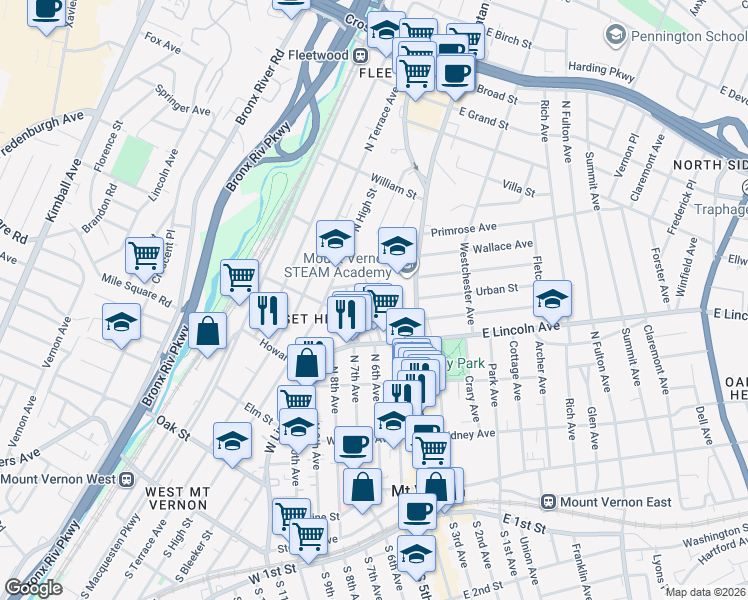 map of restaurants, bars, coffee shops, grocery stores, and more near 44 Hartley Avenue in Mount Vernon