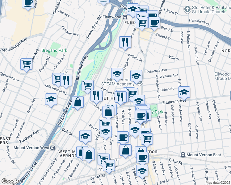 map of restaurants, bars, coffee shops, grocery stores, and more near in Mount Vernon