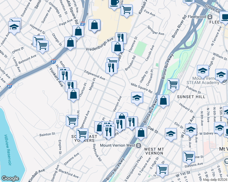 map of restaurants, bars, coffee shops, grocery stores, and more near 135 Villa Avenue in Yonkers
