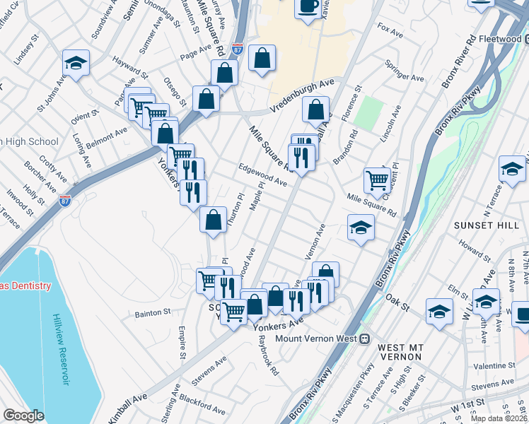 map of restaurants, bars, coffee shops, grocery stores, and more near 505 Kimball Avenue in Yonkers