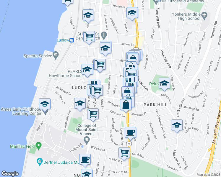 map of restaurants, bars, coffee shops, grocery stores, and more near 49 Cliff Avenue in Yonkers