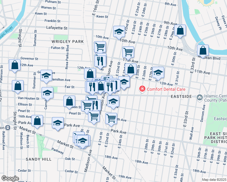 map of restaurants, bars, coffee shops, grocery stores, and more near 507-509 Broadway in Paterson
