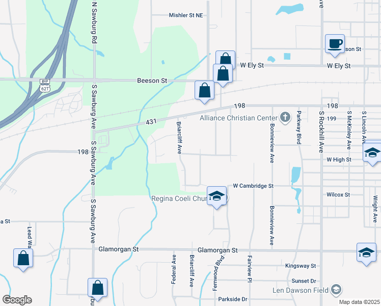 map of restaurants, bars, coffee shops, grocery stores, and more near 421 Cobblestone Avenue Northeast in Alliance