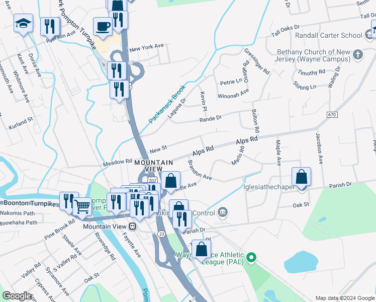 map of restaurants, bars, coffee shops, grocery stores, and more near 67 Alps Road in Wayne