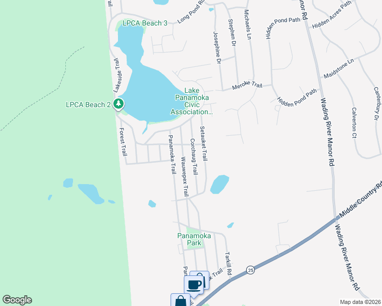 map of restaurants, bars, coffee shops, grocery stores, and more near 28 Corchaug Trail in Ridge