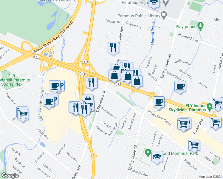 map of restaurants, bars, coffee shops, grocery stores, and more near 35 Spring Valley Avenue in Paramus