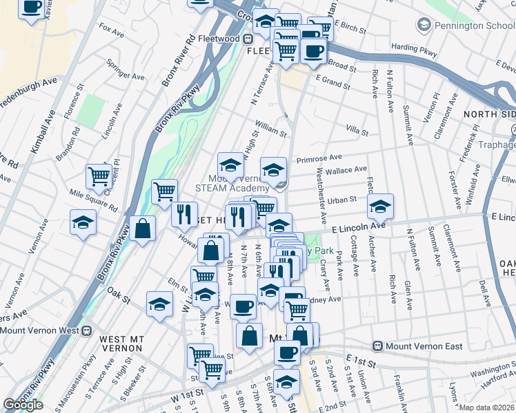 map of restaurants, bars, coffee shops, grocery stores, and more near 44 Hartley Avenue in Mount Vernon