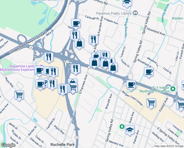map of restaurants, bars, coffee shops, grocery stores, and more near 35 Spring Valley Avenue in Paramus