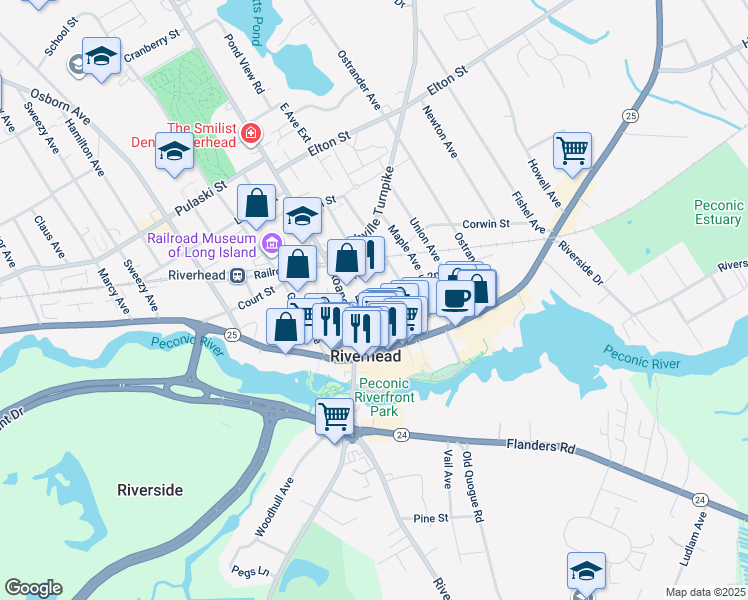 map of restaurants, bars, coffee shops, grocery stores, and more near 29 East 2nd Street in Riverhead