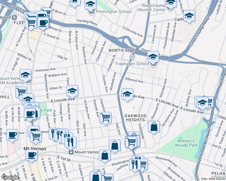 map of restaurants, bars, coffee shops, grocery stores, and more near in Mount Vernon
