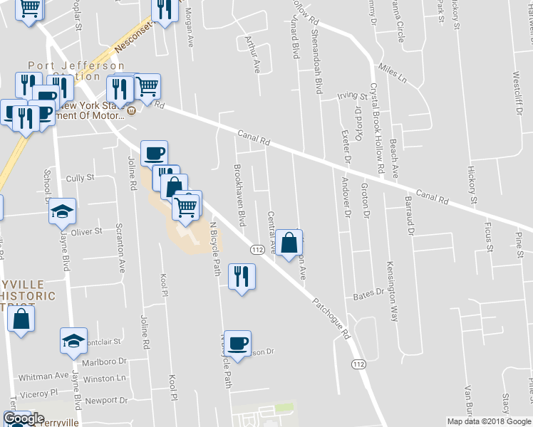 map of restaurants, bars, coffee shops, grocery stores, and more near 43 Central Avenue in Port Jefferson Station