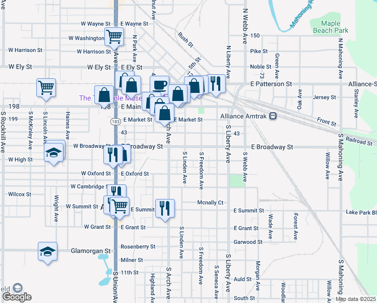 map of restaurants, bars, coffee shops, grocery stores, and more near 427 East Broadway Street in Alliance