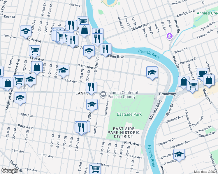 map of restaurants, bars, coffee shops, grocery stores, and more near 23 Ridge Terrace in Paterson