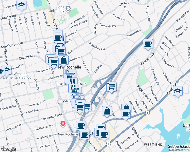 map of restaurants, bars, coffee shops, grocery stores, and more near 7 Orchard Place in New Rochelle