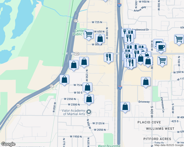 map of restaurants, bars, coffee shops, grocery stores, and more near 1205 West 200 North in Centerville