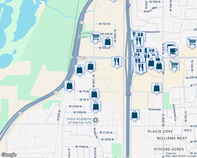 map of restaurants, bars, coffee shops, grocery stores, and more near 1205 West 200 North in Centerville