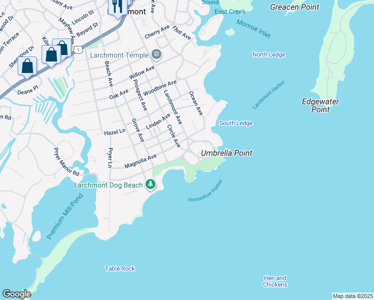 map of restaurants, bars, coffee shops, grocery stores, and more near 10 Circle Avenue in Larchmont