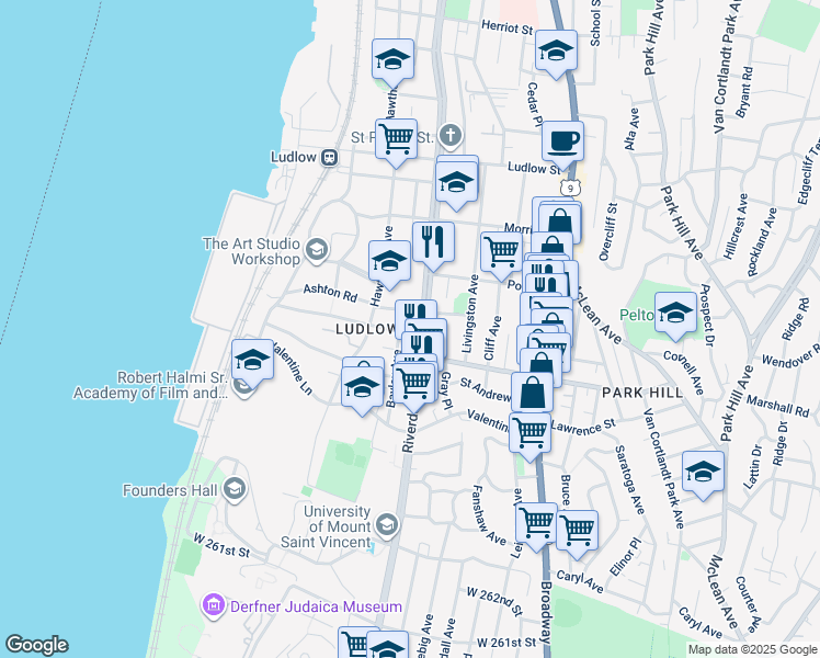 map of restaurants, bars, coffee shops, grocery stores, and more near 4 Bayley Avenue in Yonkers