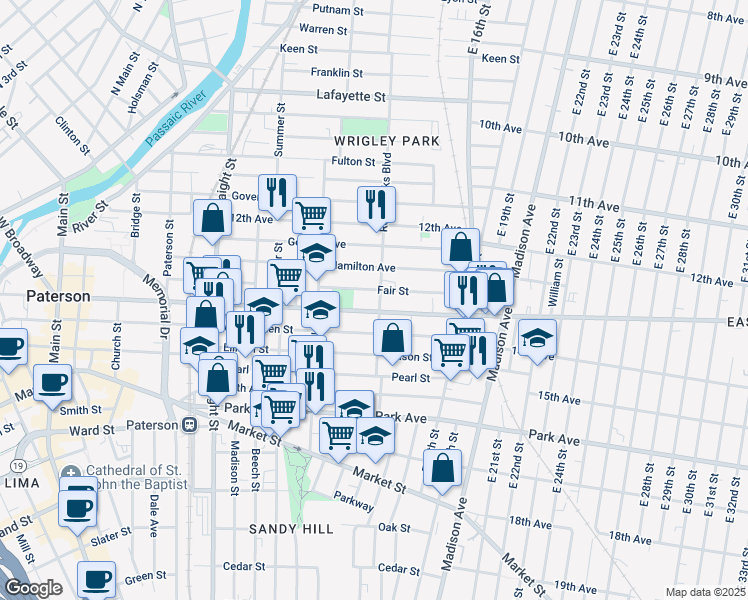 map of restaurants, bars, coffee shops, grocery stores, and more near 288 Rosa Parks Boulevard in Paterson