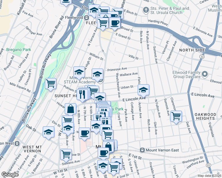 map of restaurants, bars, coffee shops, grocery stores, and more near 31 Chester Street in Mount Vernon