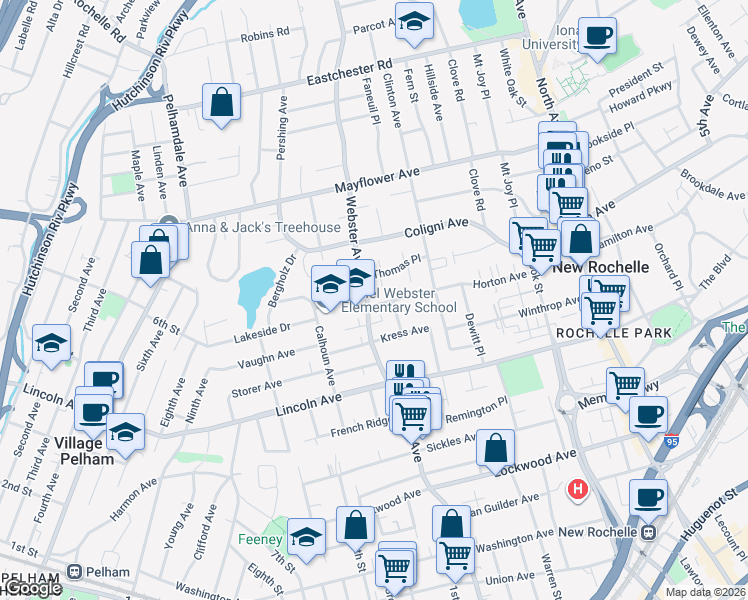 map of restaurants, bars, coffee shops, grocery stores, and more near 447 Webster Avenue in New Rochelle
