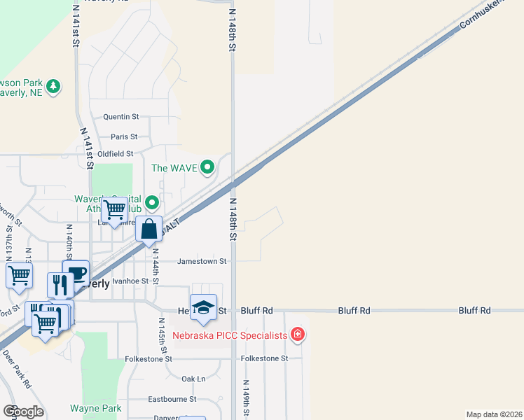 map of restaurants, bars, coffee shops, grocery stores, and more near 10851 North 148th Street in Waverly