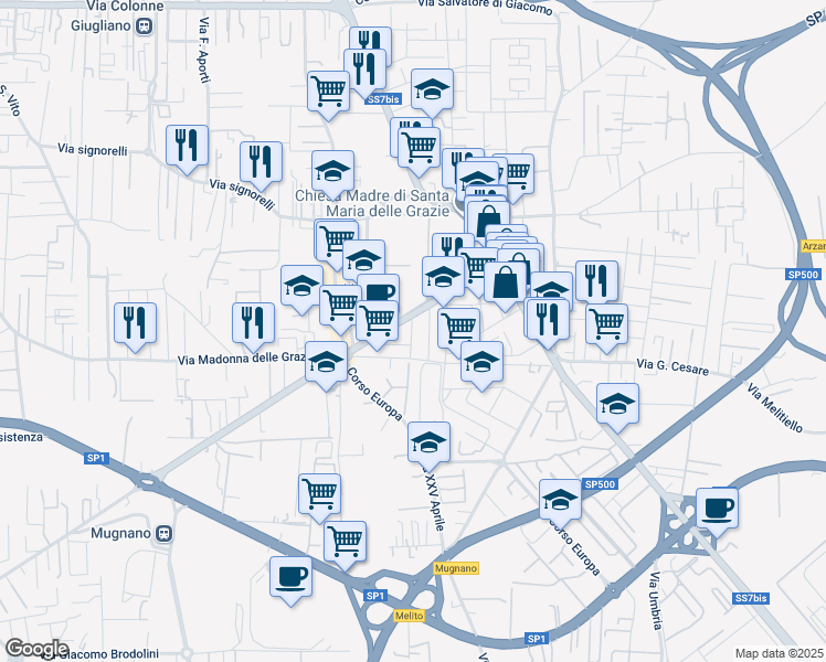map of restaurants, bars, coffee shops, grocery stores, and more near Via Tiziano in Melito di Napoli