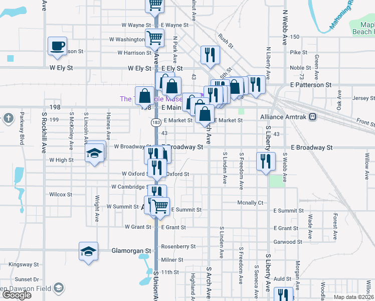 map of restaurants, bars, coffee shops, grocery stores, and more near 155 East Broadway Street in Alliance