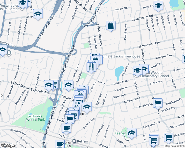 map of restaurants, bars, coffee shops, grocery stores, and more near 475 Fifth Avenue in Village of Pelham