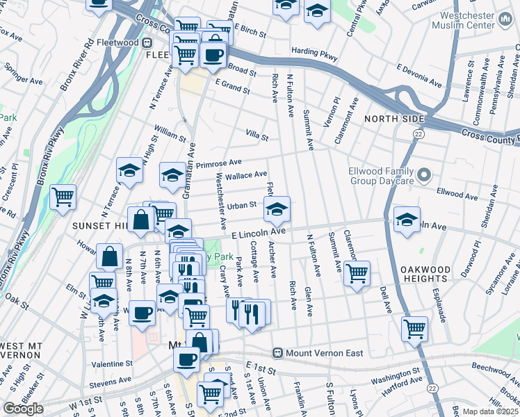 map of restaurants, bars, coffee shops, grocery stores, and more near 146 Chester Street in Mount Vernon