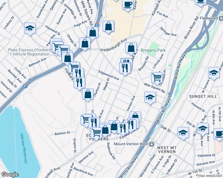 map of restaurants, bars, coffee shops, grocery stores, and more near 505 Kimball Avenue in Yonkers