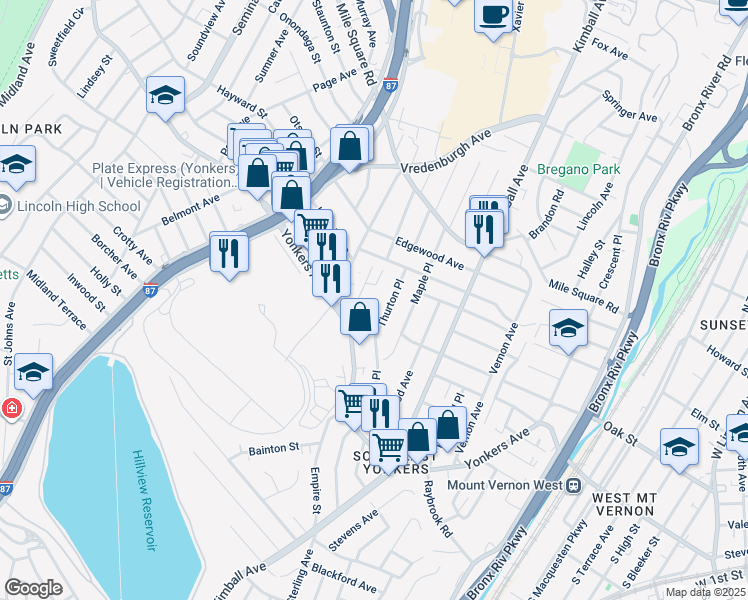 map of restaurants, bars, coffee shops, grocery stores, and more near 185 Hildreth Place in Yonkers