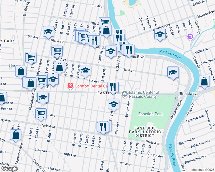 map of restaurants, bars, coffee shops, grocery stores, and more near 695 Broadway in Paterson