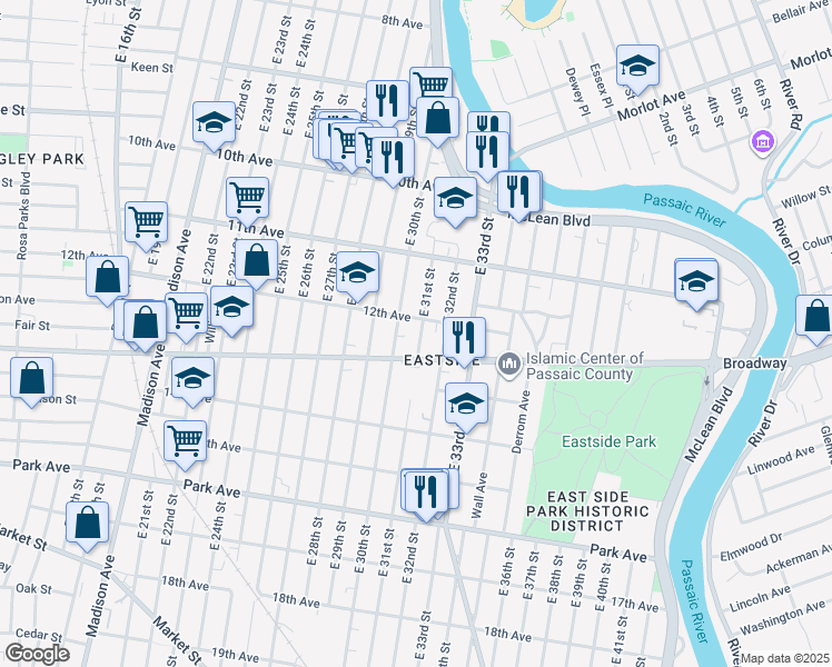 map of restaurants, bars, coffee shops, grocery stores, and more near 695 Broadway in Paterson