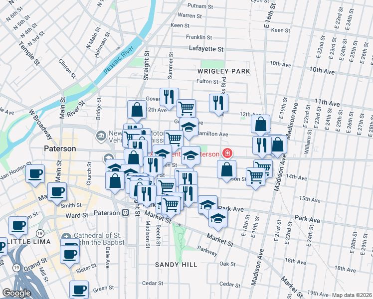 map of restaurants, bars, coffee shops, grocery stores, and more near 308 Broadway in Paterson
